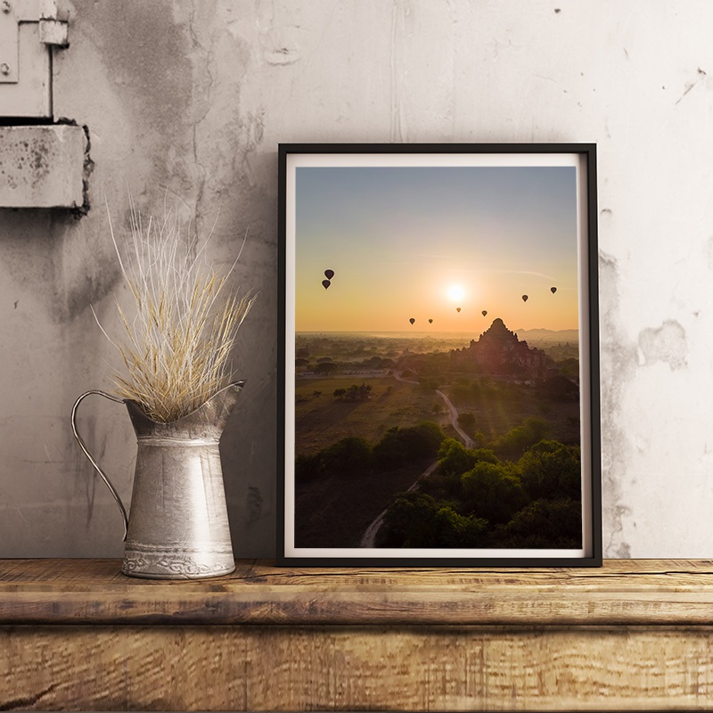 Bagan temple with hot air balloons in Myanmar - Drone photo print